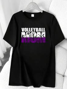 T-Shirt With A "Volleyball Mom" Print. Available In 6 Colors, Short Sleeves, Round Neck, High-Stretch Casual Sports Top. Machine Washable. Suitable For Spring And Summer. Can Be Worn In All Seasons. Women's Clothing. Elegant Party Outfit, T-Shirt For Stylish Ladies, Blouses Suitable For Curvy Women, Casual Wear, Cool And Breathable Summer Wear, Fun Letter Print. - 黑色 - 查看 6
