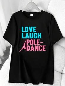 T-Shirt With English Dance Print. Short Sleeve, Round Neck, High-Elasticity Casual Sports Top. Machine Washable. Spring And Summer. Women's Clothing. Elegant Party Outfit, T-Shirt For Elegant Ladies, Blouses Suitable For Curvy Women, Casual Wear, Cool And Sweat-Free Summer Clothing, Fun Letter Print. - 黑色 - 查看 1