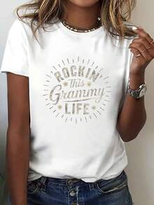Camiseta de mujer estilo rock - manga corta, cuello redondo, estampado geométrico de sol y estrellas, top casual, tela de elasticidad media lavable a máquina, cómoda para todas las estaciones, ropa moderna para fans de la música, elegante, holgada y cómoda, 180g 100% algodón. - Blanco - Ver 12