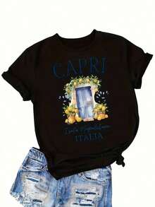 Camiseta de Mujer Estilo Vacaciones Italianas - Estampado Capri con Diseño de Puerta de Limón - Camiseta Negra con Letras Azules - Top Casual Elegante con Temática de Viaje - Lavable a Máquina para Uso Diario, Atuendo de Verano, Estampado Brillante Estilo Cómodoblusas para mujer>ropa - Negro - Ver 2