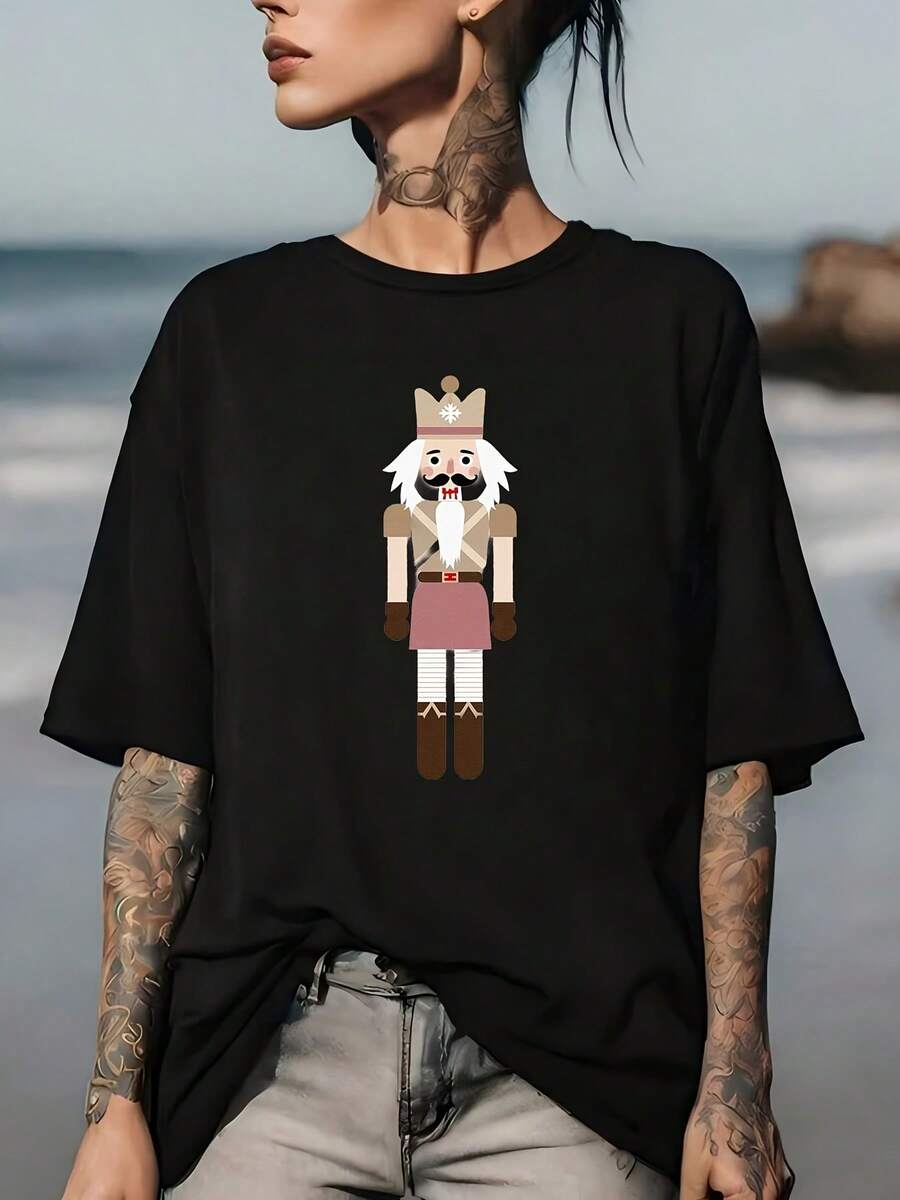 Ultra-Soft 180g Christmas Nutcracker Graphic T-Shirt | Festive Gift For Family And Friends | Comfortable And Stylish T-Shirt For Casual Wear | Perfect For Company Parties And Christmas Gatherings | Men's And Women's Sizes Available - 黑色 - 查看 1