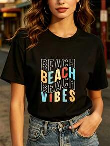 Women's Beach Vibes Short Sleeve T-Shirt - 180g Summer Casual Round Neck Tee With Beach-Themed Geometric Patterns, Suitable For Family Vacations, Company Events & Festive Gifts, Machine Washable Blouse-Compatible For Style - 黑色 - 查看 7