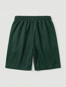 Solid Color Round Neck Dropped Shoulder Summer Breathable Cool Short Sleeve Top And Shorts Set - Dark Green - View 6