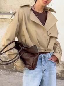 Short Casual Coat 2026, Khaki Jacket With Fitted Waist For Petite Women - Khaki - View 3