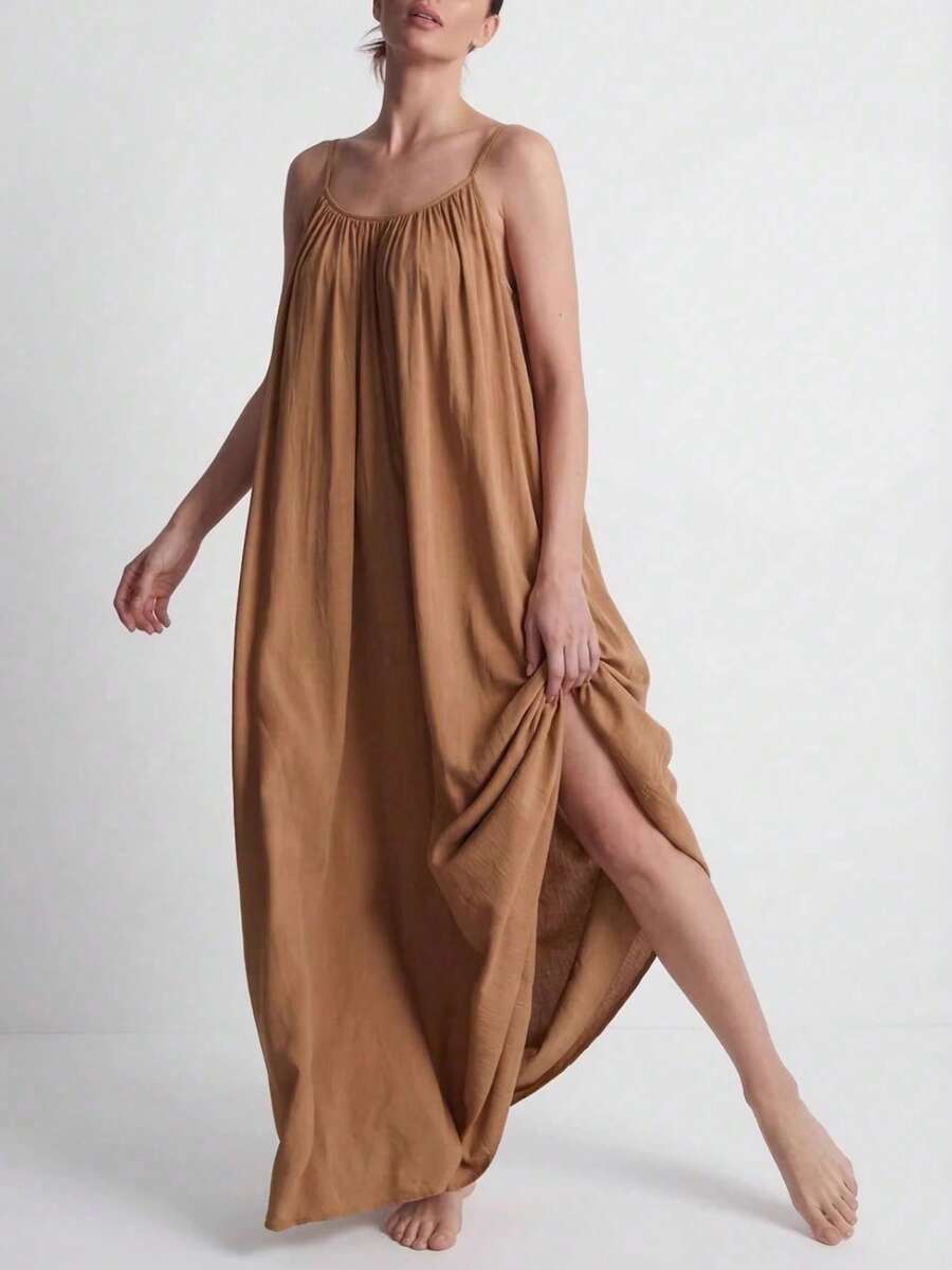Vestido largo tirantes liso holgado verano 2026, estilo elegante para vacaciones y hogar - Marrón - Ver 1