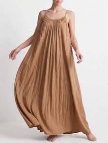 Vestido largo tirantes liso holgado verano 2026, estilo elegante para vacaciones y hogar - Marrón - Ver 3