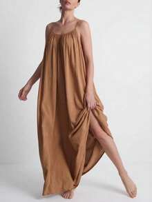 Vestido largo tirantes liso holgado verano 2026, estilo elegante para vacaciones y hogar - Marrón - Ver 7