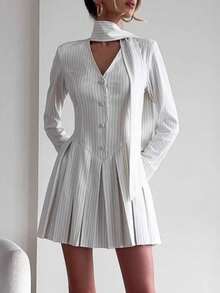 Long-Sleeved Striped Dress With A V-Neck And A-Line Cut, Office Style 2026 - White - View 2
