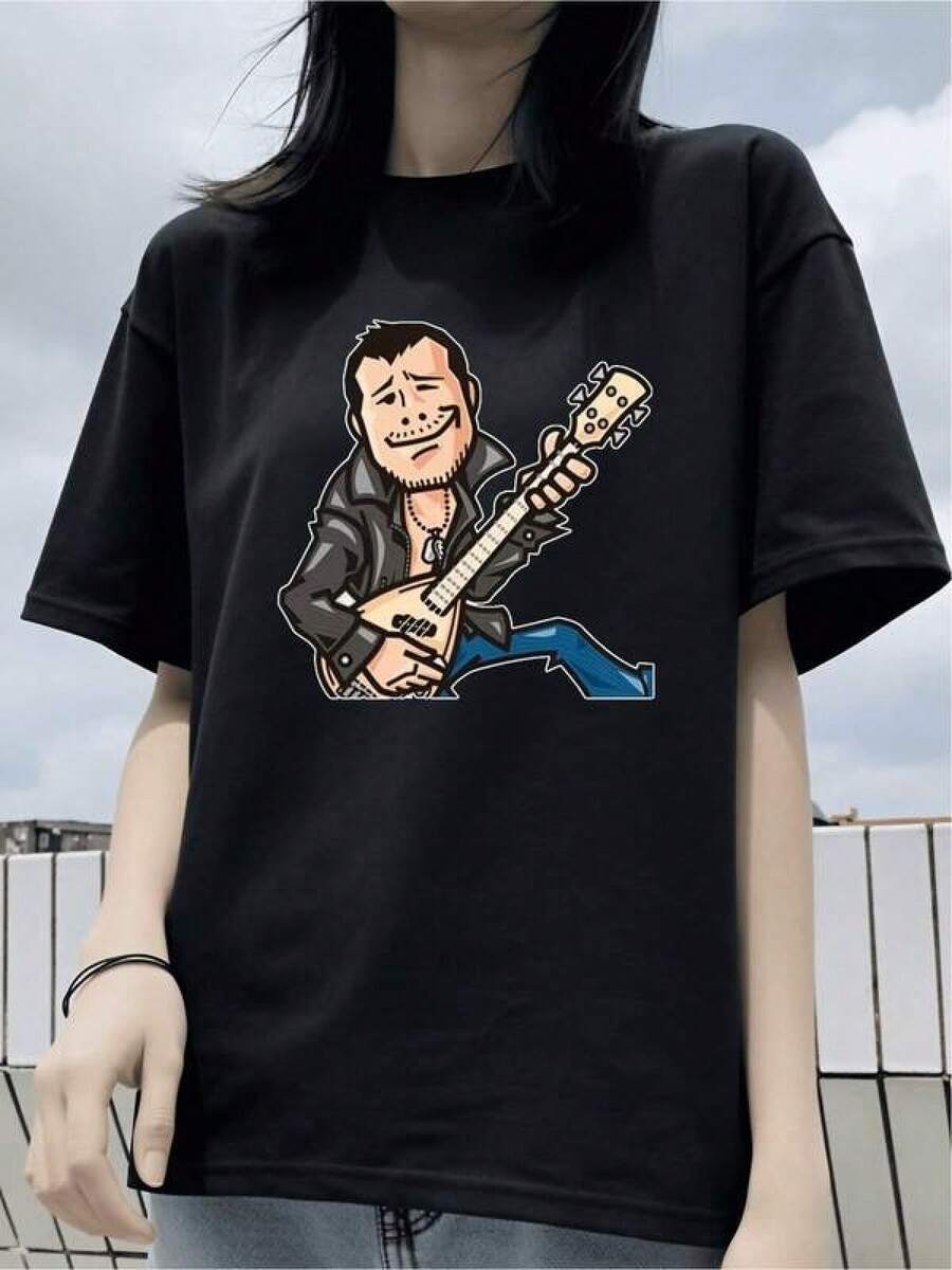 Camiseta negra informal de manga corta con cuello redondo para hombre,Camisetas Para Mujer Camiseta moderna original estilo rockero personaje guitarra diseño gráfico casual cómico perfecto para fans de la música adolescentes y adultos negro talla única categoría moda palabras clave populares - Negro - Ver 1