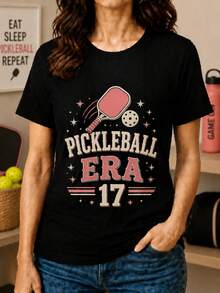 Women's Printed T-Shirt - Casual Short Sleeve Crew Neck T-Shirt In Black With Pickleball Era 17 Design And Wavy Hair, Relaxed Fit For All Seasons, Perfect For Everyday Wear Or Holiday Outfits (Machine Washable). - 黑色 - 查看 1