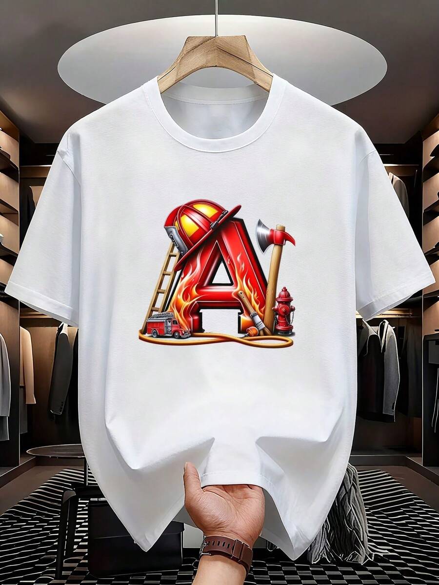 Men's Firefighter Hero "A" Print T-Shirt - Modern Short Sleeve Crew Neck Fashion | Classic Colors: Black, White, Navy, And Gray. | Breathable And Lightweight Casual Style For All Seasons. | Quick-Drying Outdoor Athletic T-Shirt - 白色 - 查看 1