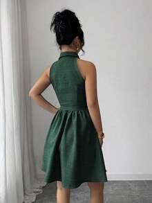 Elenzya Vestido de cuello de camisa sin mangas con tela de efecto lino de dos tonos y efecto de mezclilla, silueta en línea A, diseño elegante y romántico, adecuado para uso al aire libre - Azul lavado medio - Ver 8