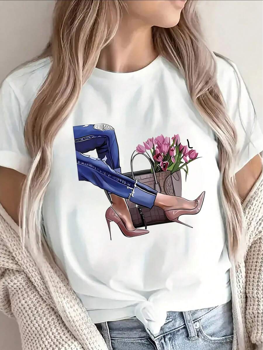 This Short-Sleeved T-Shirt Features A Simple Yet Versatile Design With A Floral Print. It's Lightweight And Durable, Making It Suitable For Casual Occasions Like Lounging At Home, The Office, Or Dining Out. The Soft Fabric Provides A Comfortable Wearing Experience For Everyday Wear. Made Of Cotton. - 白色 - 查看 1