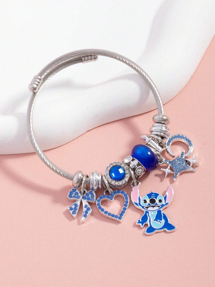 Disney Vòng tay đính đá hình trái tim với mặt dây chuyền Stitch và Thiên thần dễ thương, tự làm vòng tay hạt cườm, sang trọng, thích hợp cho lễ hội. - Hồng - Xem 1