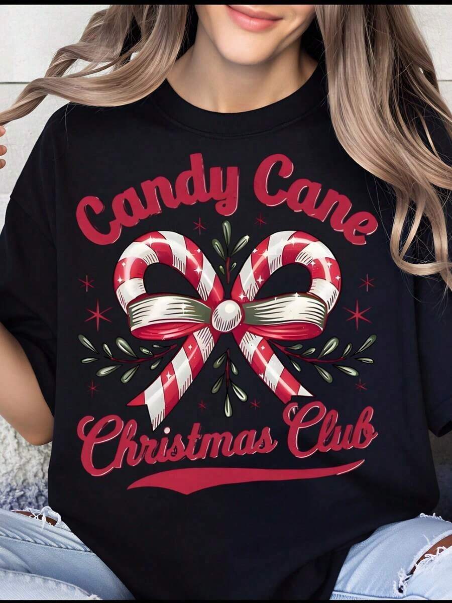 Women's T-Shirt, Christmas Party T-Shirt With Candy Cane Design, Christmas Sweater For Women, Christmas Gift Top, Festive Clothing, Seasonal Outfit, Christmas Party Shirt. - 黑色 - 查看 1