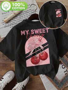 | Exquisite Design | Loose And Comfortable | Easy To Match | [Double-Sided Print] Women's Fashion Top, Women's Summer Clothes, Sweet Style, Cherry Print, Bows And Ribbons, Round Neck, Pure Cotton Short Sleeve T-Shirt [LangK] - 黑色 - 查看 1
