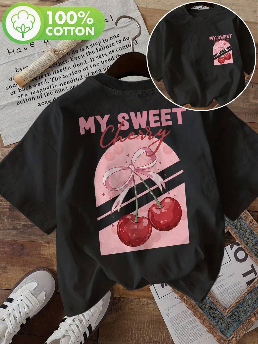 | Exquisite Design | Loose And Comfortable | Easy To Match | [Double-Sided Print] Women's Fashion Top, Women's Summer Clothes, Sweet Style, Cherry Print, Bows And Ribbons, Round Neck, Pure Cotton Short Sleeve T-Shirt [LangK] - 黑色 - 查看 1