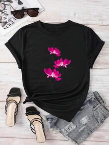 Limited Time Offer, Limited Quantities, Flash ! Women's Casual Shirts, Women's Polyester T-Shirts, Elegant Shirts. Women's Short Sleeve Floral Print T-Shirt In Red And Pink - Casual Blouse Ideal For Spring And Summer, Machine Washable, Opaque, Perfect For Casual Outfits, Office, And Layering, Comfortable Blouse Style - 黑色 - 查看 1