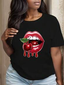 Women's T-Shirt - A Casual Summer T-Shirt For Women, Featuring A Bright Red Lip And Cherry Print - Short Sleeves, Round Neck, Machine Washable,  Spring/Summer Top, New Summer Fashion Item, Holiday Gift. - 黑色 - 查看 12