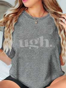 Women's Letter Print T-Shirt, Short Sleeves And Round Neck - Casual Sporty Style, Soft And Breathable, 95% Polyester Fiber, 5% Spandex, 180g, Unique And Modern,  Hip-Hop Style, Simple And Versatile, Full Of Urban Style, Cool And Elegant, Short Sleeves For Autumn And Winter. - 黑色 - 查看 7