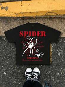 1 Piece Y2K Style Spiderweb Print T-Shirt - Dark Street Style, Loose Fit, Short Sleeve (180g Cotton T-Shirt) - Cotton T-Shirt - Soft And Breathable, 100% Cotton - A Comfortable And Vibrant Short-Sleeve T-Shirt With A Summer Street Style, Featuring A Cool Design And A Retro Summer Vibe, Suitable For Everyday Wear For Both Men And Women. - 黑色 - 查看 2