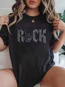 Graphic Cotton T-Shirt, Plus Sizes, 100% Cotton, Rock And Roll Skeleton Hand Print, Rock Band Music, Short Sleeve Crew Neck T-Shirt, Casual Top Suitable For All Seasons, Versatile Casual Clothing For Women, Comfortable And Breathable, Y2K, Oversized T-Shirt For Men, Summer T-Shirts, Casual Printed T-Shirt For Women, Short Sleeve And Crew Neck, Local Spring/Summer Urban Fashion. - 黑色 - 查看 6