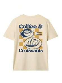 Set Of 1 Short Sleeve Crew Neck T-Shirts With Minimalist Summer Mocha Coffee And Tea Cup Graphic Print, Versatile And Fashionable Tops For Women - Apricot - View 3