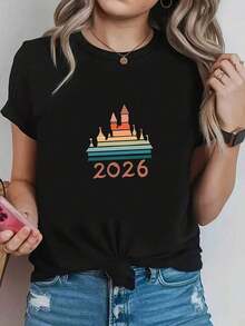 Women's T-Shirt, Castle 2026 Print, Black Short-Sleeved Crew Neck Printed T-Shirt - Machine Washable, Suitable As A Birthday, Easter, Mother's Day Gift, Casual Black Short-Sleeved Crew Neck T-Shirt For Women. - 黑色 - 查看 7