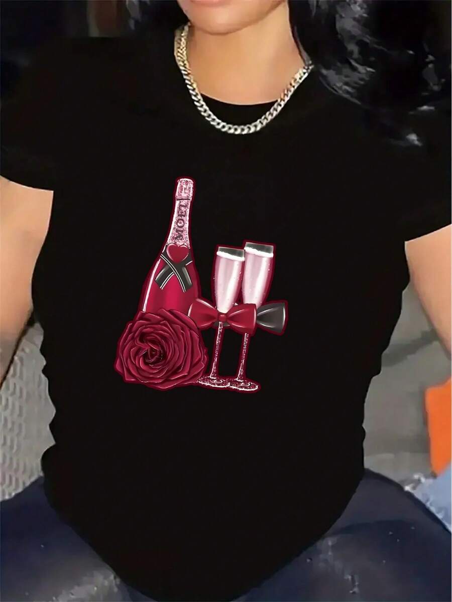 Women's Retro Vintage Short-Sleeved T-Shirt, Made Of Polyester Fabric, Casual Wear For Dining Or Lounging At Home, Featuring A Champagne Bottle And Rose Design, Lightweight And Durable, Perfect For Parties And Everyday Wear. - 黑色 - 查看 1