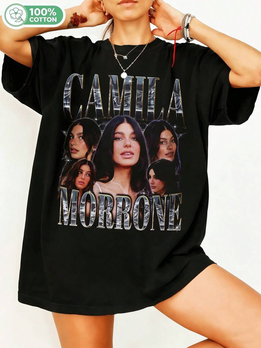 Camilaa Morronee Actress Vintage Bootleg Graphic 100% Cotton Oversized T-Shirt Y2K Streetwear Unisex T-Shirt For Men Women Film Fans Casual Top. - 黑色 - 查看 1