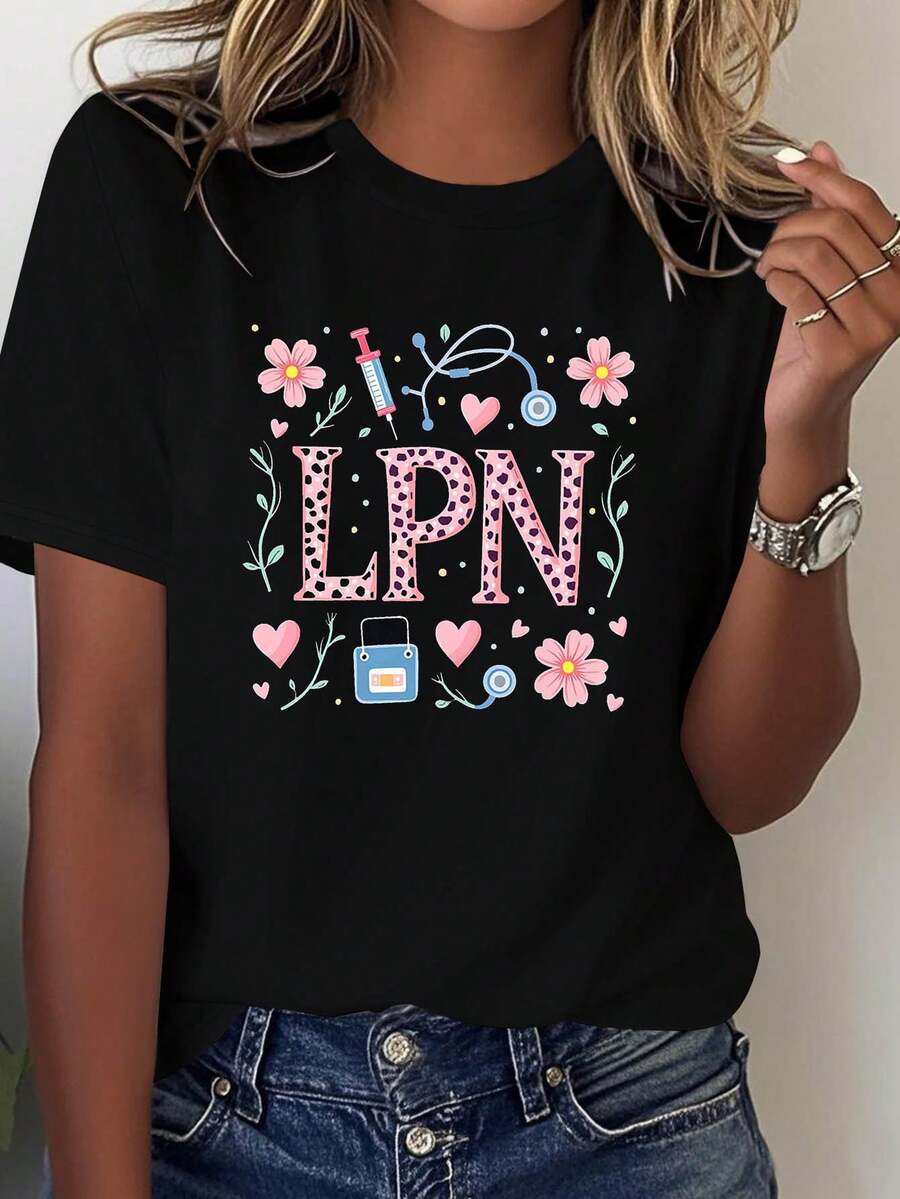 LigeroPlus Size, Camiseta de Mujer Talla Grande con Estampado Gráfico LPN, Manga Corta, Cuello Redondo, Top Casual para Verano y Primavera, Ropa de Mujer Verano - Negro - Ver 1