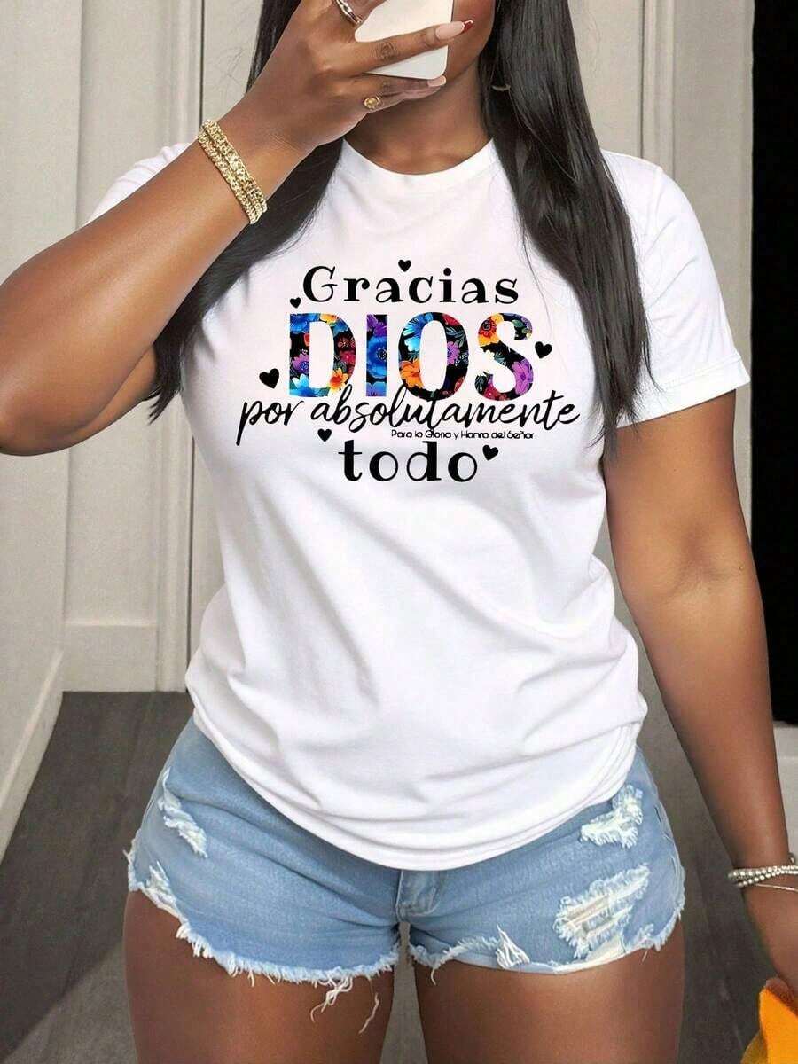 Cute, Fun, And Comfortable Short-Sleeved Graphic Tee With A Cartoon Letter Print That Says "Thank You God For Absolutely Everything." Suitable For Various Occasions, Including Holiday Gifts, Birthday Presents, Music Festivals, Casual Wear, Versatile Comfort, Beach Vacations, And A Simple Yet Stylish Look For Everyday Wear For Women And Girls. - 白色 - 查看 1