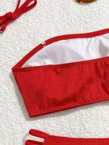 Bộ 2 món bikini dây mảnh màu đỏ có họa tiết, quần bơi cạp cao nhiều dây buộc, có thể tháo rời. - Đỏ - Xem 6