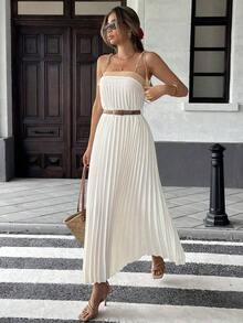 Vestido informal de unicolor con costuras de pliegues, tirantes con flecos para vacaciones, para mujeres - Albaricoque - Ver 5
