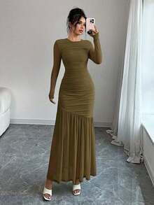 Vestido largo de manga larga con cuello redondo y malla para mujer, vestido casual de otoño.Adecuado para ropa de otoño, atuendo de regreso a clases, atuendo de maestro - Verde militar - Ver 4