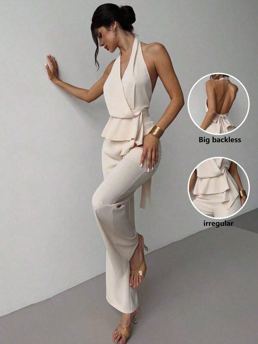 de dos piezas de top sin mangas con cuello en V asimétrico elegante y romántico, y pantalones rectos holgados de color caqui, adecuado para verano, playa, vacaciones - Caqui - Ver 1