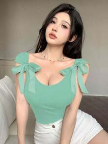 Camiseta de mujer de manga corta slim con lazo en la espalda, para el verano - verde menta - Ver 4