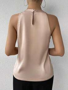Privé Blusa de satén con cuello halter plisado de color champán, parte superior sin mangas, para uso diario en la oficina, elegante y sencilla, para mujeres, graduación, maestras, vuelta al colegio - Multicolor - Ver 5