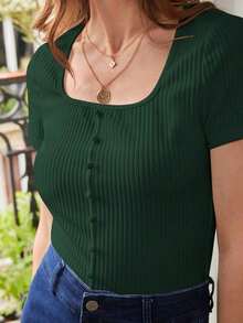 Camiseta con botón delantero tejido de canalé - Verde Oscuro - Ver 4