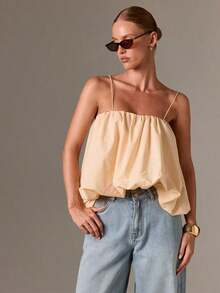 Top de camisola fruncido estilo bohemio con bajo abombado y tirantes ajustables para un estilo casual de verano - Albaricoque - Ver 3