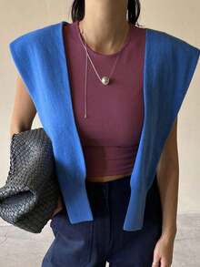 Top corto y ajustado de unicolor de verano para mujer, camiseta informal empresarial - Rosa Fucsia - Ver 4