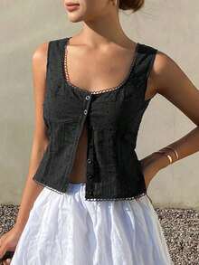 Cárdigan corto sin mangas con textura y rayas de estilo bohemio casual para mujer, adecuado para primavera, verano, playa y uso diario - Negro - Ver 5