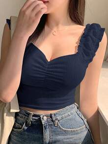 Top sin mangas de verano para mujer, de unicolor, con cuello de corazón fruncido, para salir - Azul marino - Ver 6