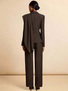 Conjunto casual de blazer y pantalones de unicolor con cuello entallado para ir al trabajo - Marrón - Ver 2