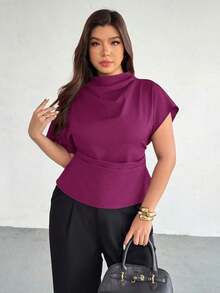Blusa ajustada con cuello fruncido, manga asimétrica y cintura fruncida con estampado de lunares marrones.Adecuada para ir a trabajar, estilo vintage, elegante, para usar en las cuatro estaciones y para vacaciones en la Riviera Francesa - Rojo violeta - Ver 1