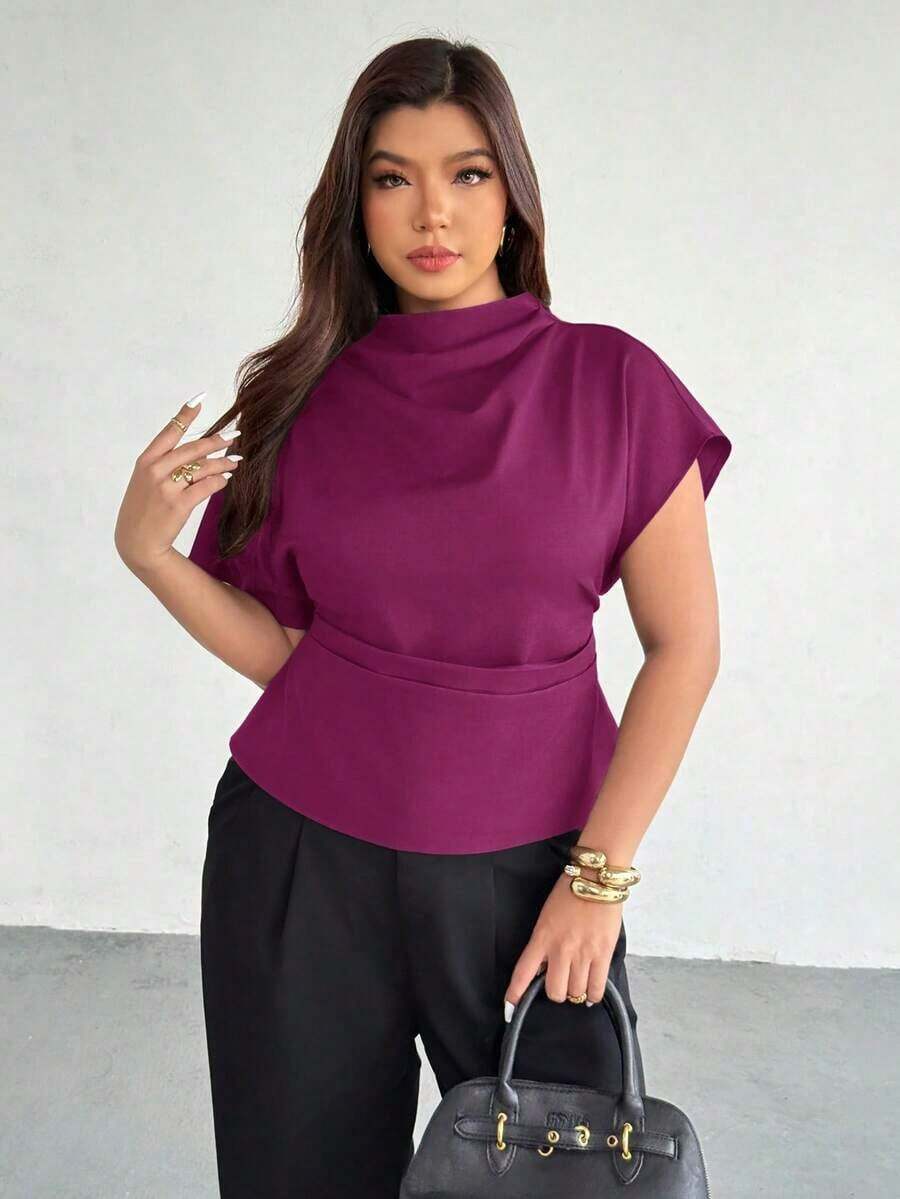 Blusa ajustada con cuello fruncido, manga asimétrica y cintura fruncida con estampado de lunares marrones.Adecuada para ir a trabajar, estilo vintage, elegante, para usar en las cuatro estaciones y para vacaciones en la Riviera Francesa - Rojo violeta - Ver 1