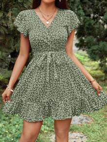 Estampado Floral Con Cinturón Para Mujer De Verano - Verde - Ver 3