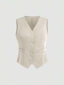 Chaleco minimalista de unicolor con cuello en V, sin mangas y con botones delanteros - Caqui - Ver 9