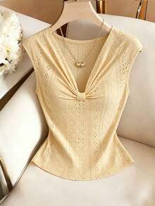 Camiseta de verano para mujer con diseño jacquard de textura ondulada, cuello en V ajustado, mangas cortas que cubren los hombros, estilo francés chic, color rosa, dulce y elegante, juvenil, uso versátil diario - Amarillo claro - Ver 8