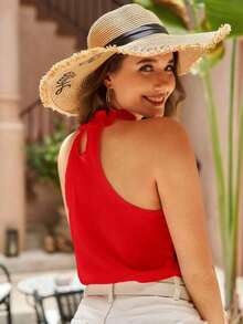 VCAY Blusa de verano para mujer con cuello con volantes, escote en la espalda y top sin mangas - Rojo - Ver 2